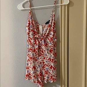 Floral printed tie front romper